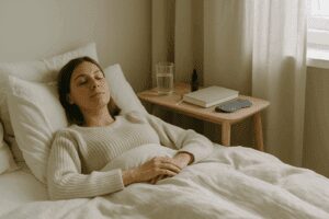 Woman waking slowly in bed, wearing a cozy knit sweater, surrounded by soft morning light and a calming migraine-friendly environment.