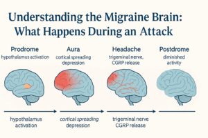 Digital infographic titled "Understanding the Migraine Brain," illustrating the four stages of a migraine attack with colorful brain diagrams and a calm, scientific design.