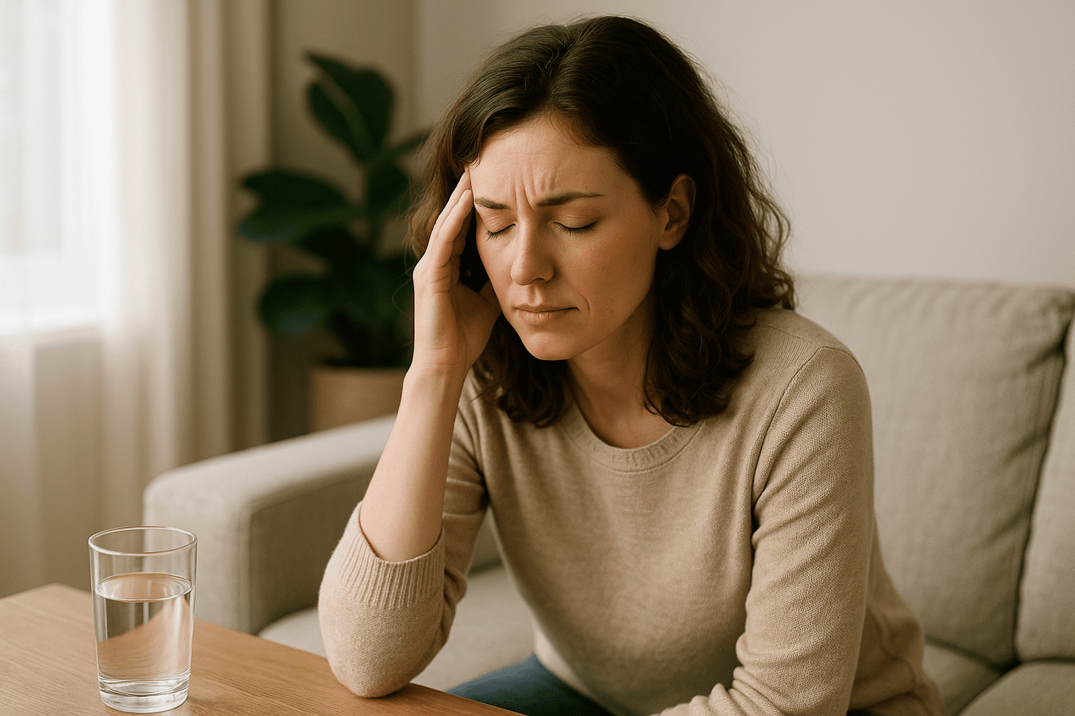 A woman sits on a beige sofa in a softly lit living room with her eyes closed and hand gently touching her temple, suggesting sensitivity or early migraine symptoms.