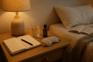 A softly lit bedside table with a cream-colored lamp, glass of water, amber bottle, open notebook with a pen, and a linen eye mask, beside a neatly made bed with an open book and textured blanket.