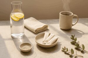 A serene flat-lay scene featuring a glass carafe with lemon water, electrolyte sachets, and a ceramic mug on a sunlit countertop.