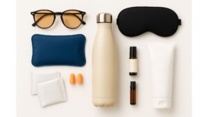 Flat lay of migraine relief essentials including amber tinted glasses, cold pack, eye mask, reusable water bottle, electrolyte sachets, essential oil roller, magnesium lotion, and earplugs, displayed on a white background.