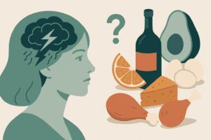 Minimalist illustration showing migraine-related food triggers (wine, cheese, citrus) and supportive foods (greens, berries, nuts, water) divided on a balanced plate, in muted Aevere brand tones.