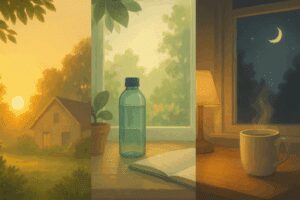 Triptych-style digital illustration showing a calming daily cycle for migraine prevention: morning sunlight and gentle stretching, midday hydration and balanced meals, and a peaceful evening wind-down with soft lighting and relaxation.