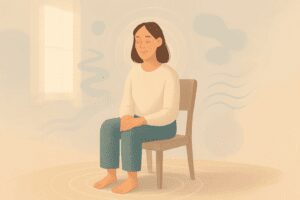 Soft, minimalist digital illustration of a person sitting cross-legged on a floor, eyes gently closed, surrounded by calming natural light, muted green plants, and grounding objects like a mug, blanket, and pillow in a serene, migraine-friendly space.