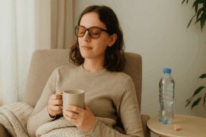 A young woman with wavy brown hair wearing FL-41 glasses sits in a beige armchair, wrapped in a knitted blanket, holding a ceramic mug with eyes closed, next to a small table with a water bottle and earplugs.