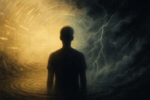 Digital illustration of a human silhouette with a storm swirling inside the head, symbolizing the invisible illness of migraine and its neurological impact.