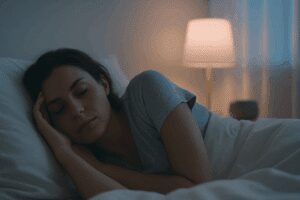 A serene woman with light skin lies peacefully in bed under soft covers, her face relaxed and partially turned away. The room is bathed in natural, diffused light, with a neutral-toned background that evokes calm and quiet. A subtle fog effect overlays the image, symbolizing both sleep and mental clarity.