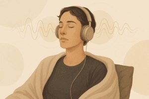 A hyper-realistic, calming digital illustration representing sound therapy for migraine relief. The scene should feel serene, migraine-safe, and sensory-friendly. Visual elements to include: A person with relaxed posture, eyes closed, wearing comfortable headphones. Soft, glowing waveforms or gentle sound ripples surrounding their head, symbolizing binaural beats. A muted background in neutral cream, charcoal, and gold tones to match Aevere’s brand aesthetic (avoid harsh colors or neon). Lighting should be warm, soft, and diffused—no harsh glare. Small visual cues of migraine care, such as a soft blanket or an ice pack near the neck/shoulder. Abstract touches: faint overlapping circles or rhythmic waves, subtly suggesting brainwave entrainment. Style: Minimalist wellness photography blended with clean digital illustration. The overall tone should be sophisticated, soothing, and trustworthy—similar to Calm or Headspace visuals, but grounded in migraine wellness. Aspect ratio: 16:9 (optimized for blog featured image).