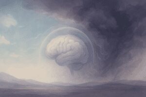 Surreal digital painting symbolizing the impact of barometric pressure on migraine, with abstract cloud forms and radiating neural pathways.