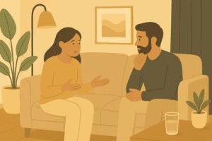 Cartton-style image of a couple sitting together on a sofa in a cozy living room, one partner gently explaining while the other listens with care, symbolizing empathy in navigating chronic migraine.