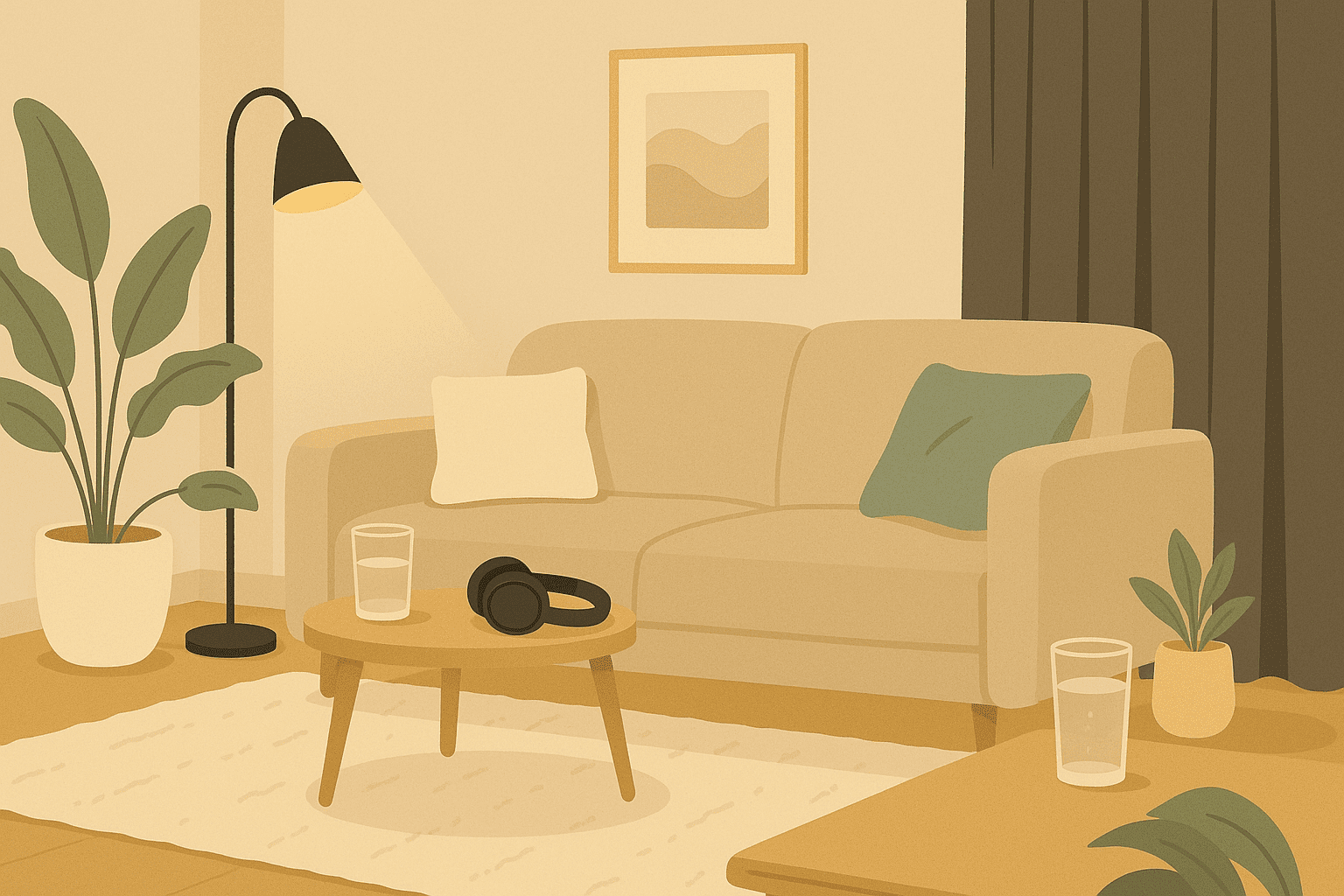 Minimalist digital illustration of a calming living room with warm lighting, a soft sofa, plants, a water glass, and headphones on a table, symbolizing a migraine-friendly home environment.