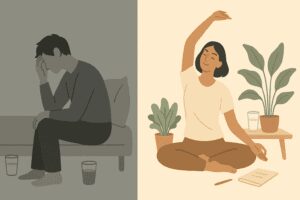 Minimalist digital illustration showing two contrasting scenes: on the left, a gray-toned figure sits slouched in avoidance; on the right, a person stretches calmly in warm, neutral tones surrounded by plants, water, and a journal — symbolizing resilience and daily rituals.