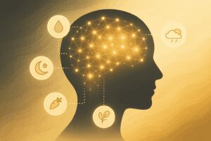 A modern digital illustration showing a semi-transparent human head silhouette filled with glowing neural network patterns, surrounded by soft icons representing sleep, hydration, weather, and nutrition — symbolizing how AI detects personal health patterns for migraine care.