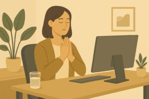 Photo of a woman seated at her office desk, eyes closed and shoulders relaxed, taking a mindful breath with a coffee mug, computer, and plant nearby.