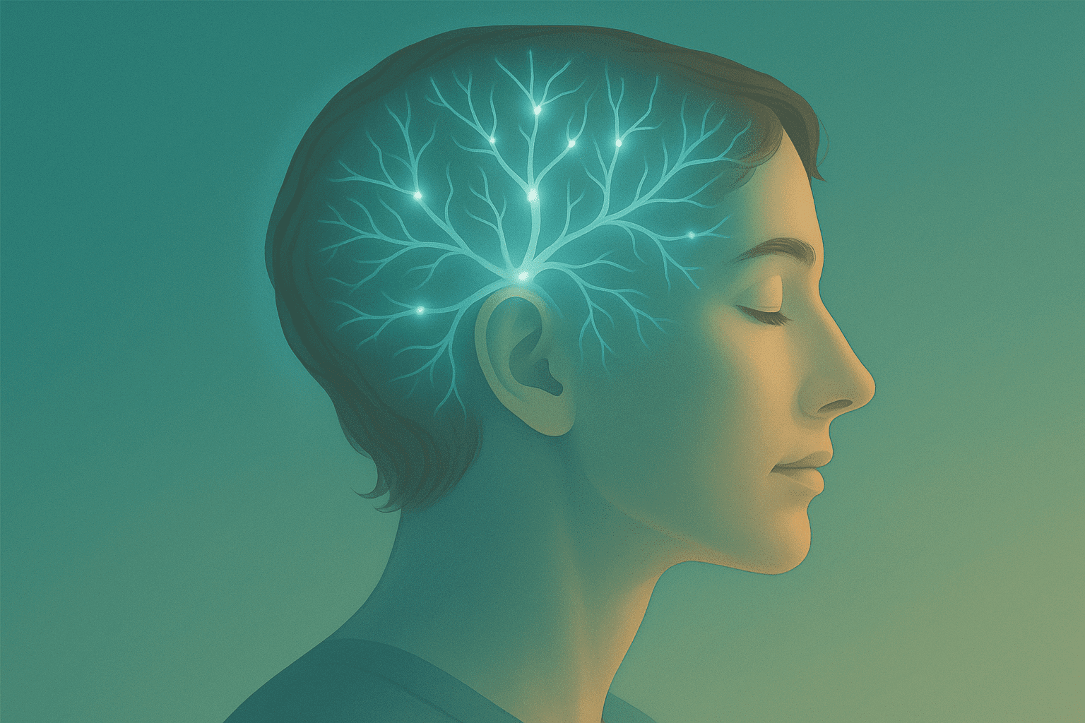 A semi-realistic digital illustration of a calm woman with closed eyes, surrounded by softly glowing neural light pathways in gold and teal, representing the balance and regulation of the nervous system in migraine care.