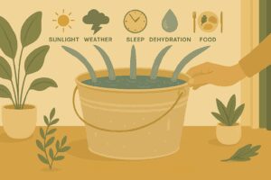 A minimalist digital illustration showing a bucket being filled by gentle streams of water representing migraine triggers — sunlight, weather, sleep, dehydration, food, and stress — surrounded by soft indoor plants in a calm, warm-toned environment.
