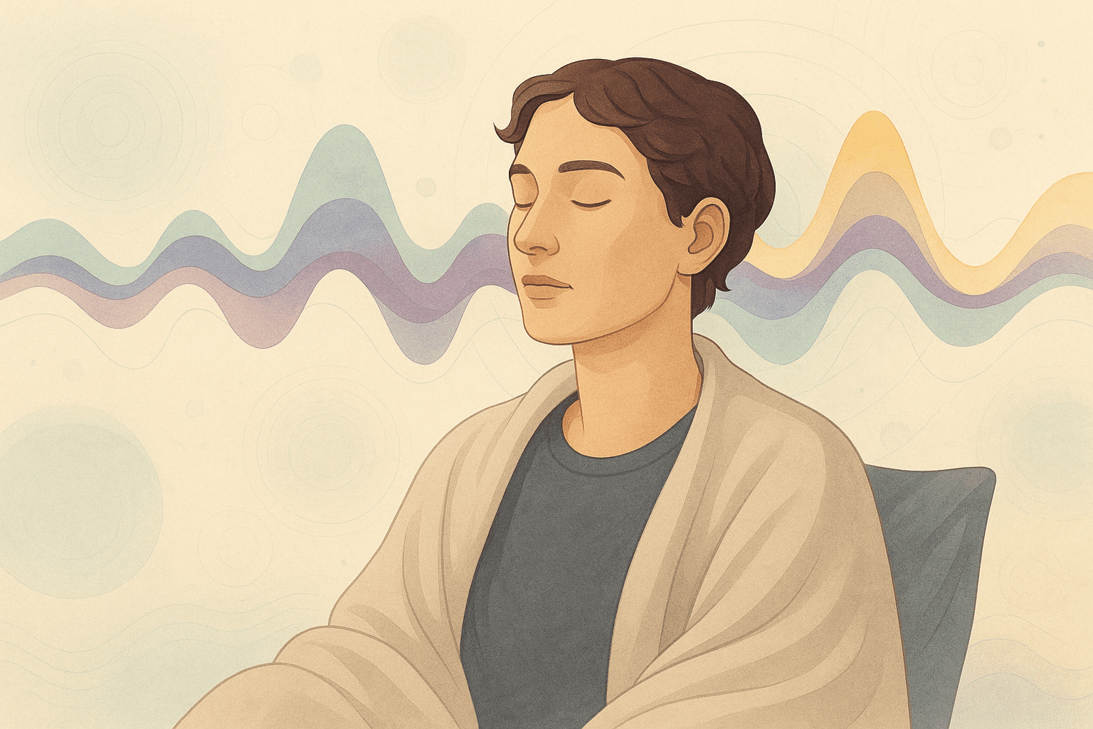 Pain Isn’t a Dot — It’s a Wave: Understanding the Migraine Wave Model - Aevere llustration of a person resting calmly with eyes closed as layered teal, lavender, and gold sensory waveforms flow around them, symbolizing the Migraine Wave Model.