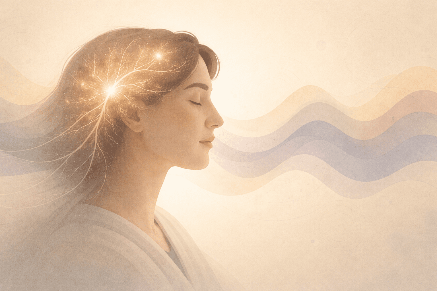 Migraine Nervous System Illustration – Aevere - Aevere Illustration of a woman in profile with softly glowing neural pathways inside her head, representing migraine nervous system sensitivity and neurological signaling.