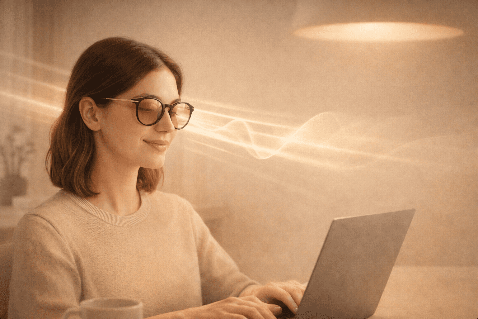 FL-41 Migraine Glasses for Light Sensitivity – Aevere Solace - Aevere Woman wearing FL-41 migraine glasses while working on a laptop in warm indoor lighting, illustrating how precision light filtering supports migraine light sensitivity.