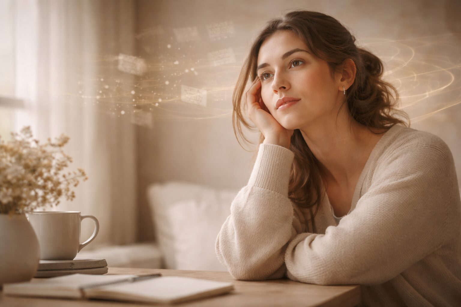 Migraine Brain Fog Explained featured image - Aevere Woman sitting at a desk with soft blurred light fragments around her head, representing migraine brain fog and slowed thinking