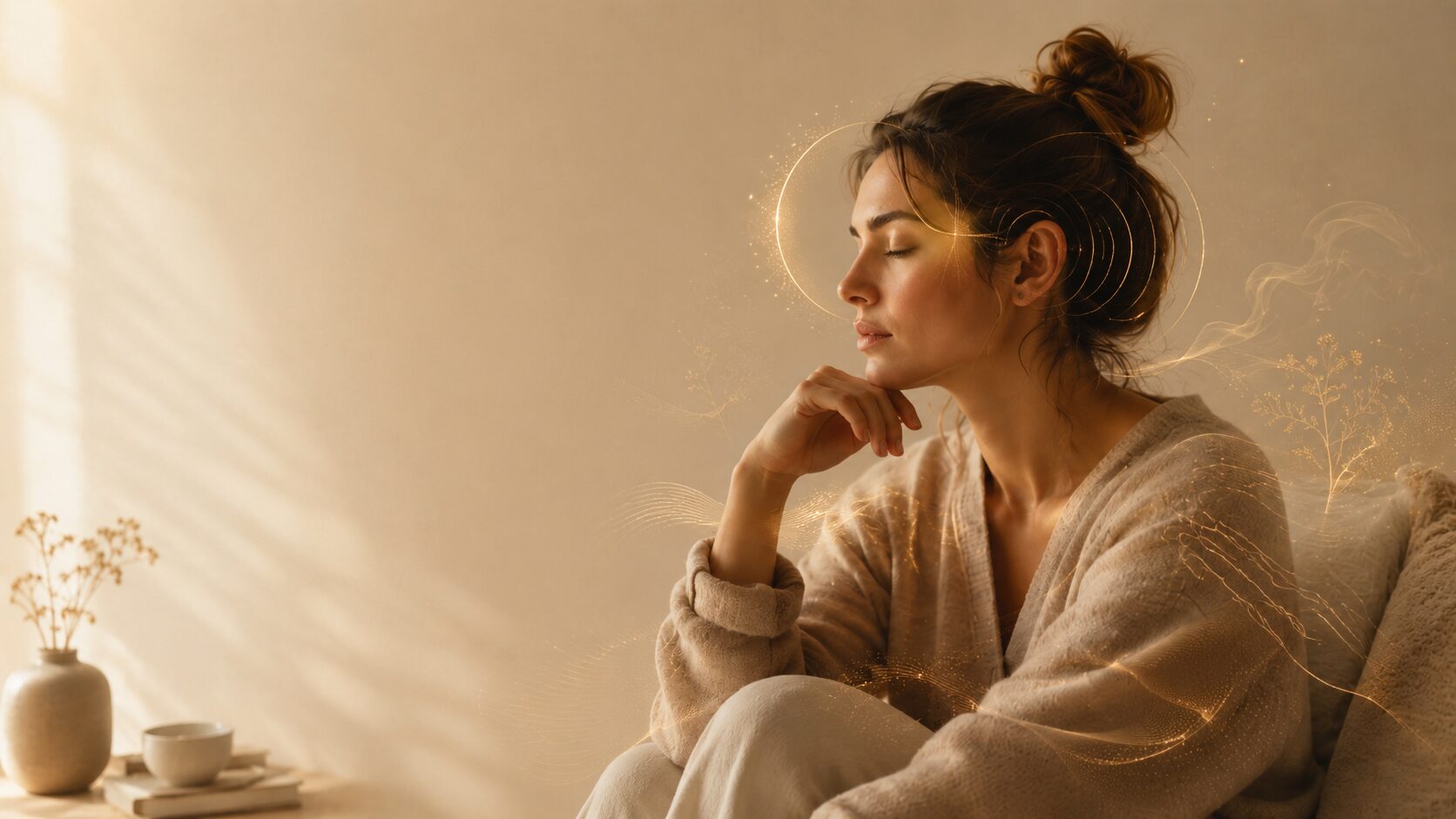 Migraine Sensory Sensitivity: Why Light, Sound, and Smell Feel Overwhelming - Aevere Woman seated calmly in a warm room with subtle golden sensory waves representing migraine sensory sensitivity