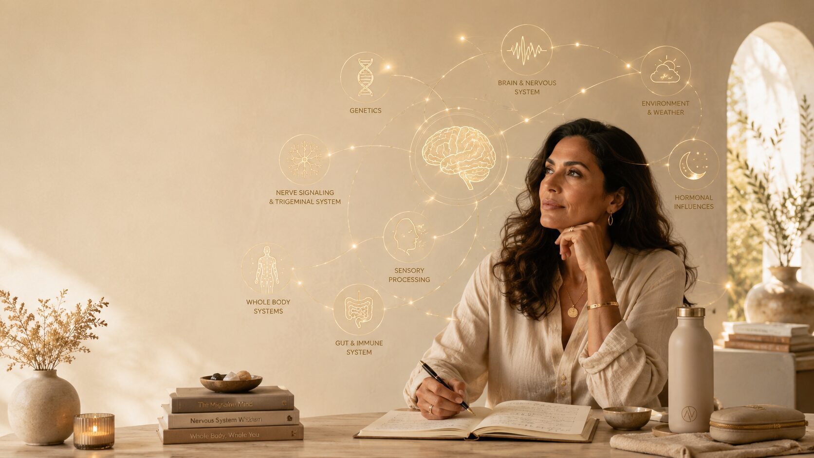 What Causes Migraine? How Science Understands It Now featured image - Aevere Woman journaling in a calm wellness space with golden symbols representing migraine causes, genetics, nervous system patterns, hormones, and triggers