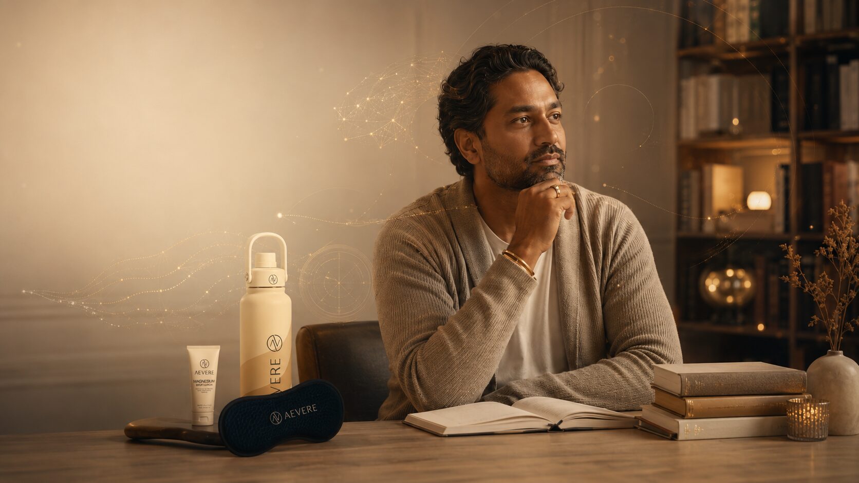 Migraine Cure: Why Science Hasn’t Found One Yet featured image - Aevere Thoughtful person in a calm wellness study with golden symbols representing migraine cure research, headache science, hope, and support