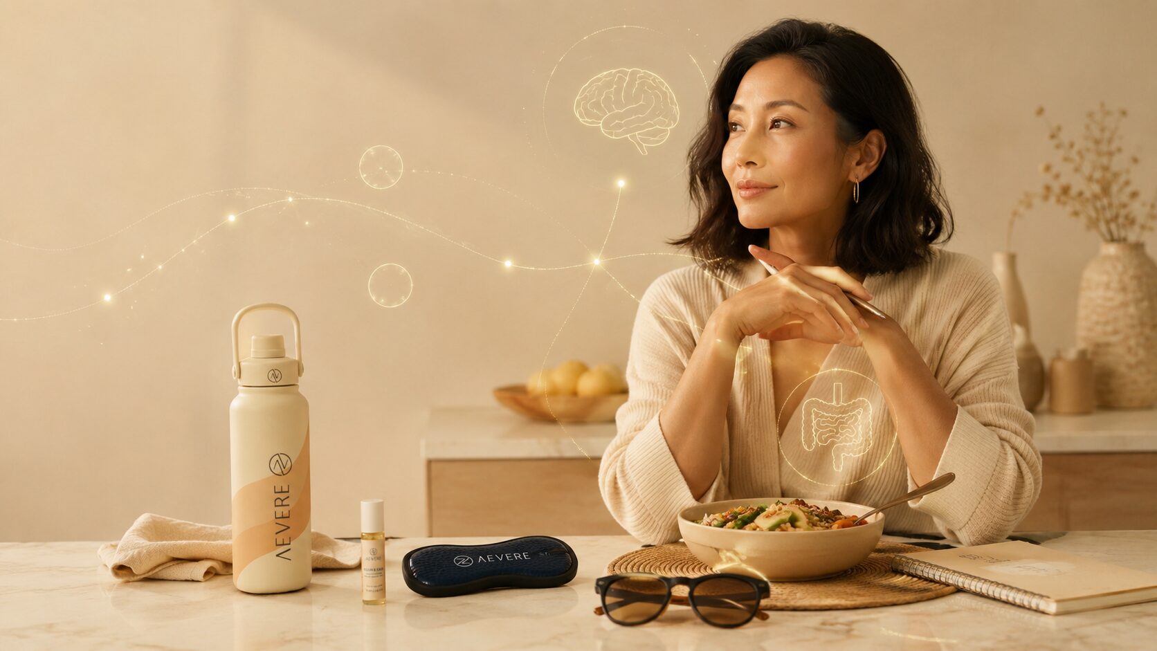 Migraine and Gut Health: What the Science Suggests featured image - Aevere Woman in a calm kitchen wellness space with golden lines representing migraine and gut health, the gut-brain axis, digestion, and supportive routines