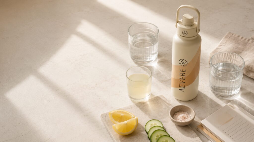 A calm hydration-focused wellness scene with the Aevere water bottle, glasses of water, lemon, cucumber, and electrolytes on a warm neutral surface