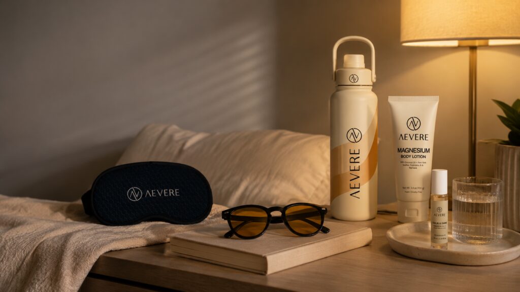 A calm bedside sleep routine scene with Aevere FL-41 glasses, cooling eye mask, hydration bottle, magnesium lotion, and warm evening light
