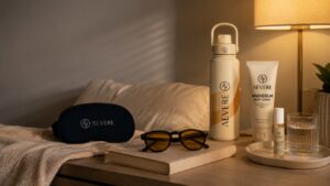 A calm bedside sleep routine scene with Aevere FL-41 glasses, cooling eye mask, hydration bottle, magnesium lotion, and warm evening light