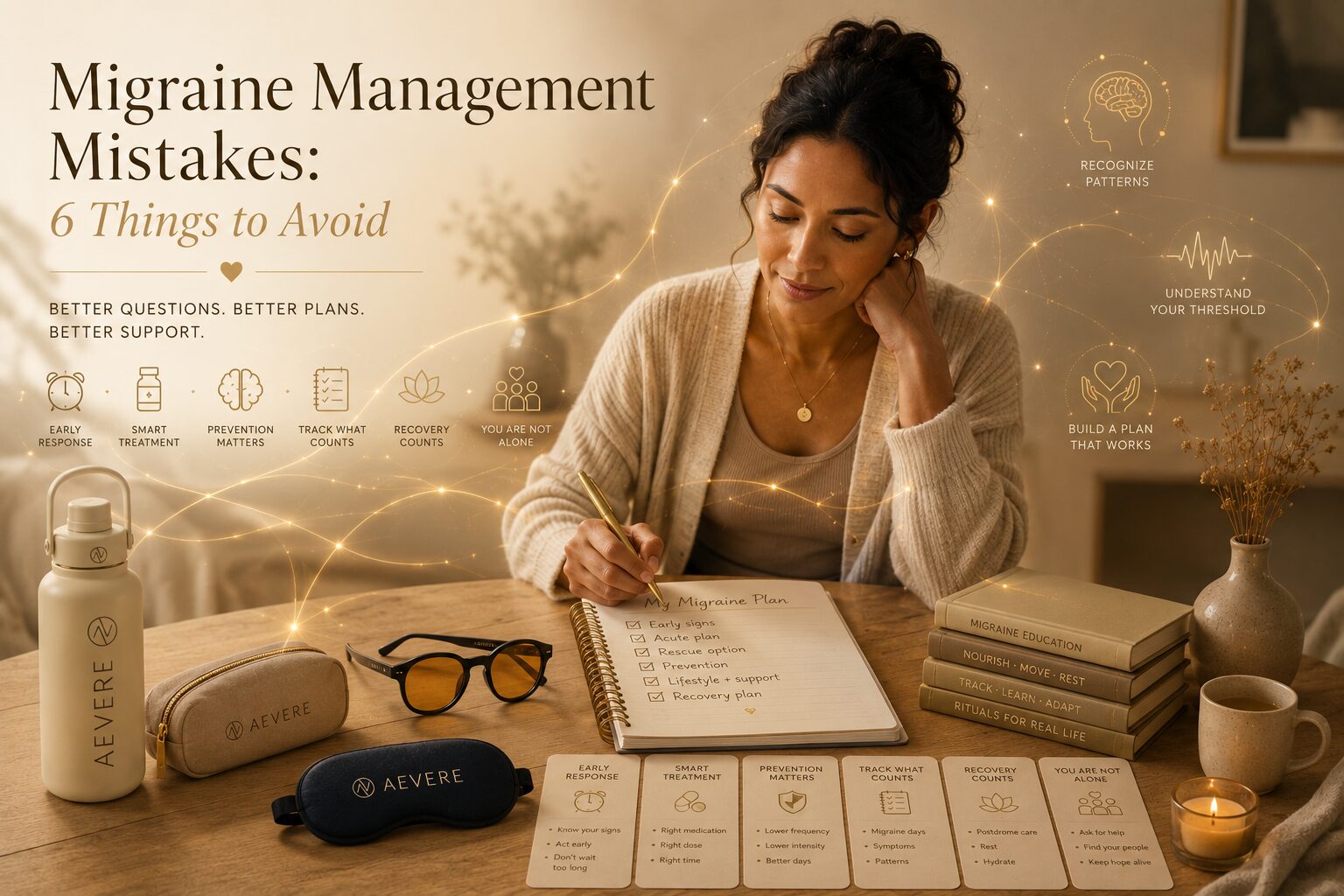 Migraine Management Mistakes: 6 Things to Avoid featured image - Aevere Person at a calm planning table with Aevere migraine support tools, checklist cards, and golden lines representing migraine management mistakes and better routines