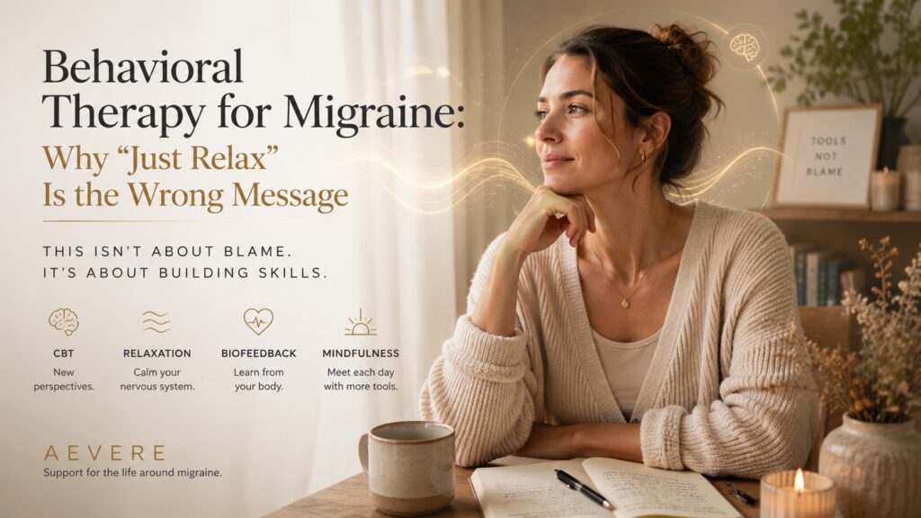 Person sitting calmly in a warm neutral home setting with subtle golden breath-wave motifs representing behavioral therapy and nervous-system support for migraine.