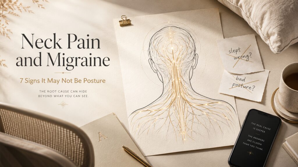 Editorial still-life showing a pillow, posture note, and abstract neck-to-head signal lines representing the connection between neck pain and migraine.