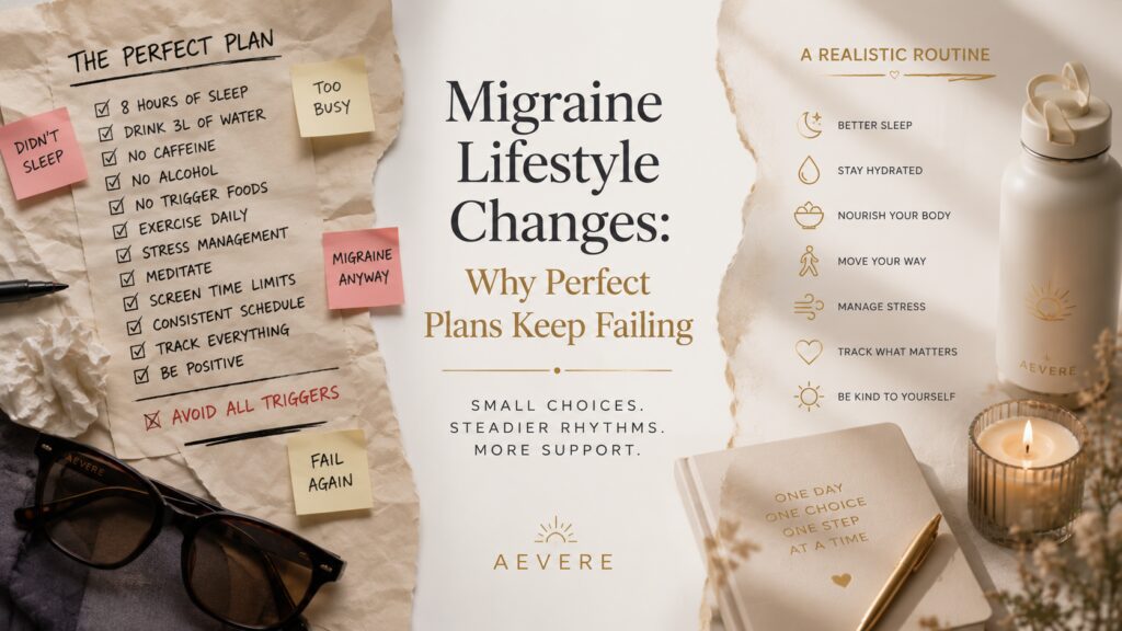 Person preparing a calm migraine-supportive routine with water, a journal, soft lighting, and subtle golden rhythm motifs in a warm neutral home setting.