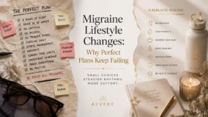 Person preparing a calm migraine-supportive routine with water, a journal, soft lighting, and subtle golden rhythm motifs in a warm neutral home setting.