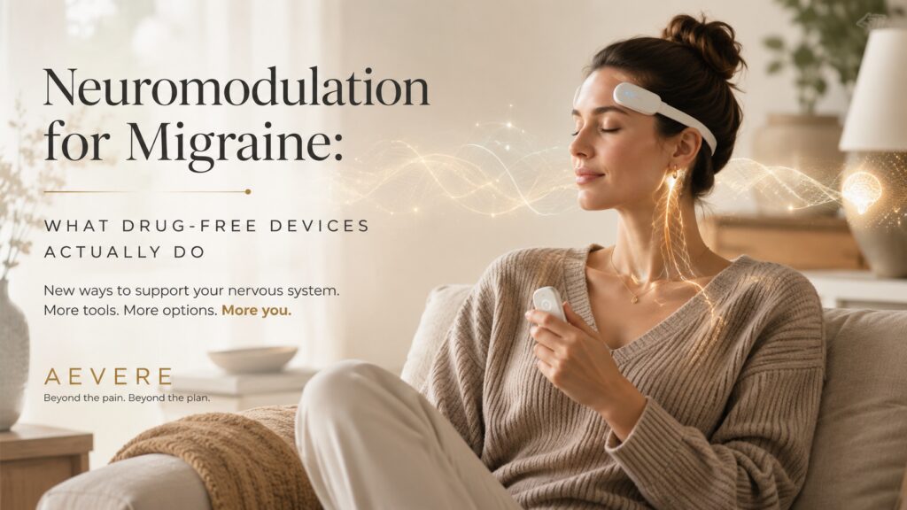 Person sitting calmly in a soft neutral home setting with subtle light-wave motifs suggesting drug-free neuromodulation support for migraine.