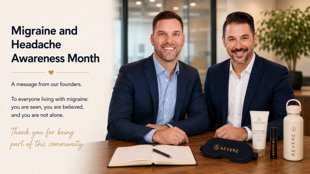 Aevere founders in a calm wellness workspace with migraine support products and golden lines representing Migraine and Headache Awareness Month