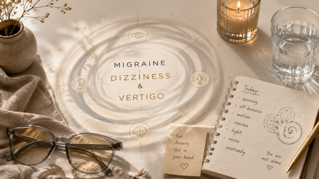 Editorial still-life with light-filtering glasses, a journal, and subtle spiral balance motifs representing migraine dizziness and vertigo.
