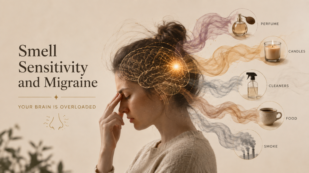 Woman experiencing smell sensitivity and migraine as perfume, candles, cleaning products, food odors, and smoke contribute to sensory overload.